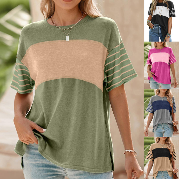 Damen Oversize-Shirt mit Kontrastpaneel, gestreiften Ärmeln und Seitenschlitzen Drune