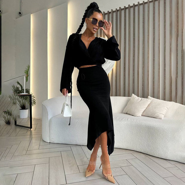 Damen Wickelkleid mit asymmetrischem Saum und eleganten Puffärmeln Drune