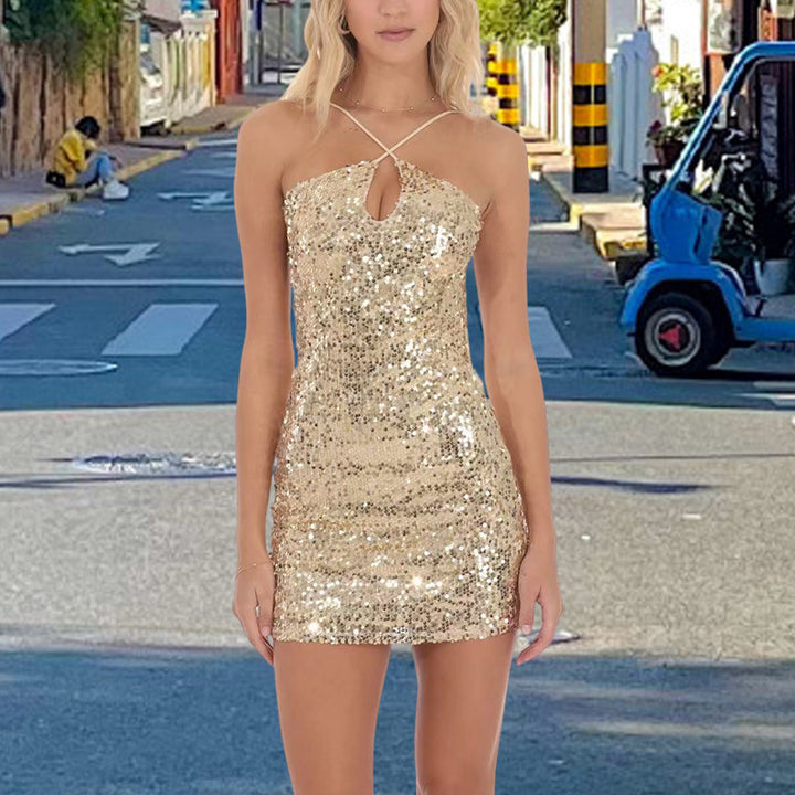 Damen Glitzerndes Minikleid mit eleganter Trägergestaltung und tiefem Ausschnitt Drune