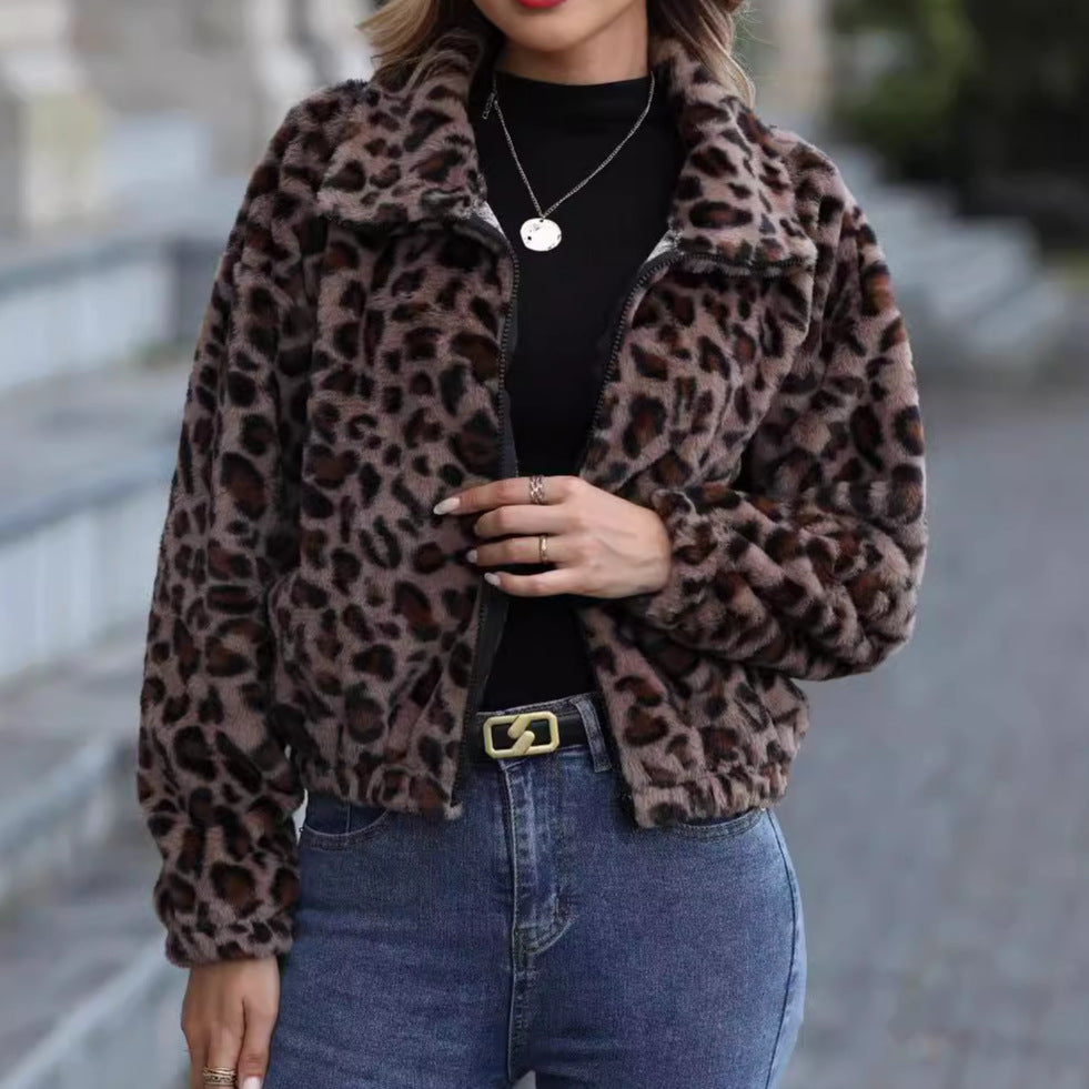 Damen kuschelige Fleecejacke im Leopardenmuster Drune