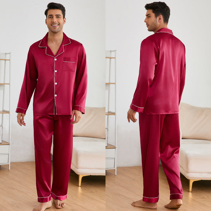 Herren Satin Schlafanzug-Set mit klassischem Kragen und eleganten Kontrastnähten Drune