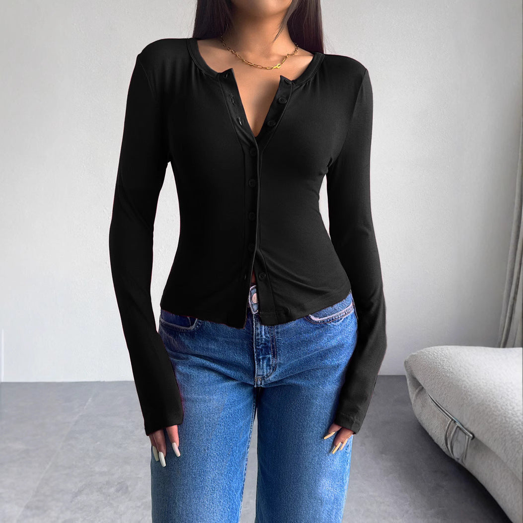 Damen figurbetontes Langarm-Top mit Knopfdetails Drune