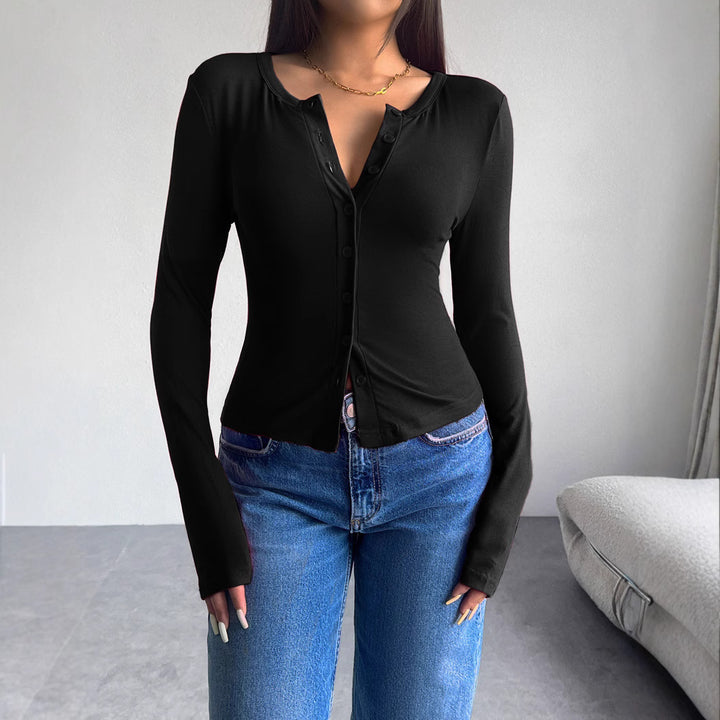 Damen figurbetontes Langarm-Top mit Knopfdetails Drune