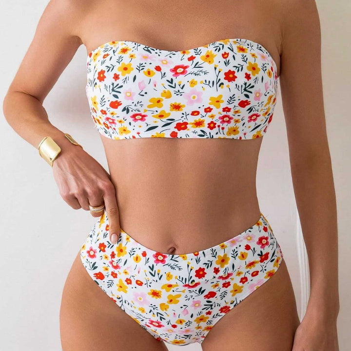 Damen Bandeau-Bikini mit hoch geschnittenem Unterteil und floralem Print Drune