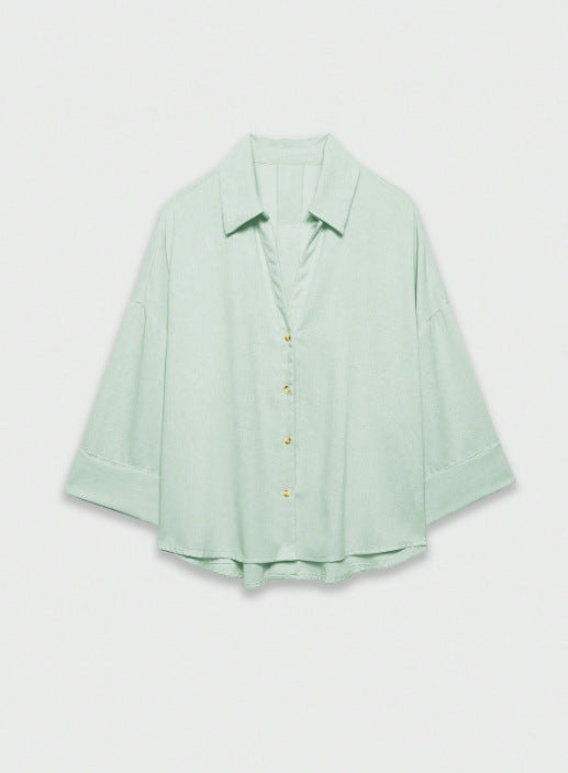 Damen Leichte Oversize Leinenoptik Bluse mit Dreiviertelärmeln und durchgehender Knopfleiste Drune