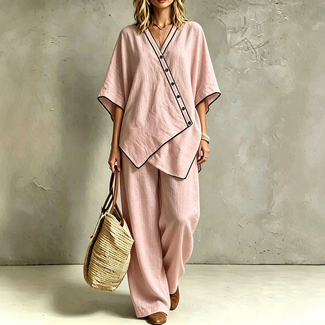 Damen Asymmetrisches Tunika-Loungewear-Set mit diagonaler Knopfleiste und weiter Palazzohose Drune