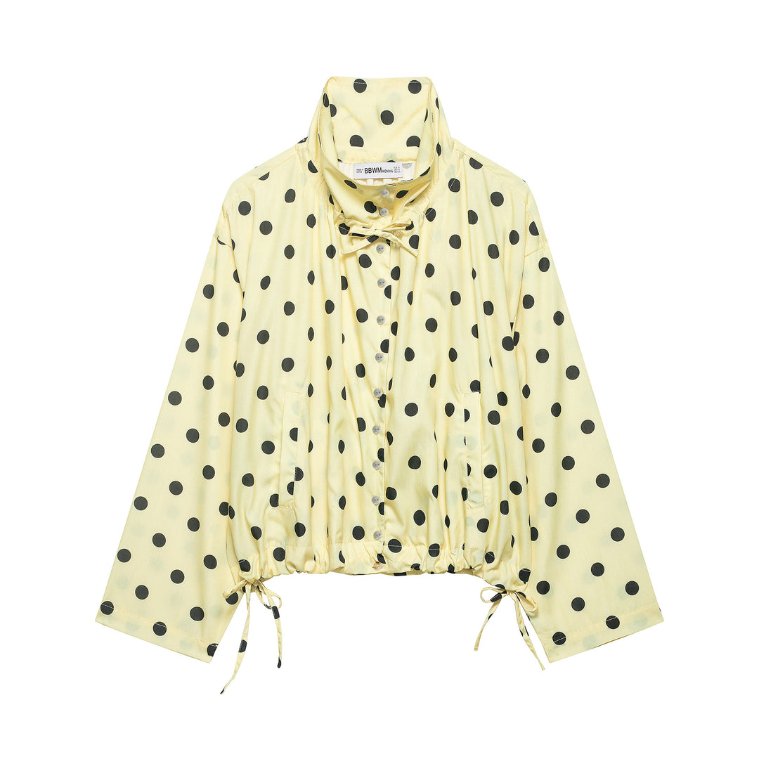 Damen Leichte Bluse im Polka‑Dot‑Design mit Stehkragen, Tunnelzugsaum und Knopfleiste Drune