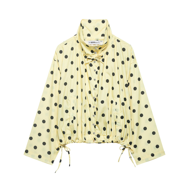 Damen Leichte Bluse im Polka‑Dot‑Design mit Stehkragen, Tunnelzugsaum und Knopfleiste Drune
