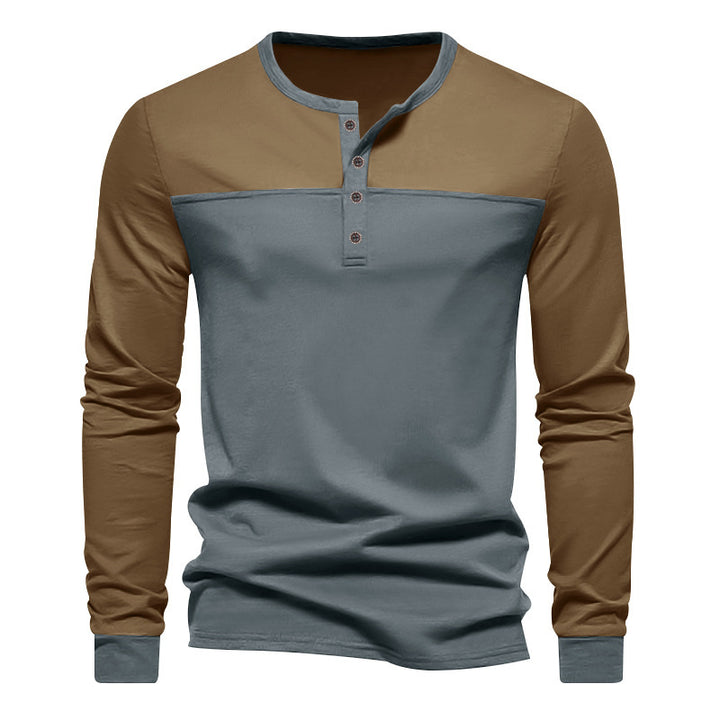 Herren nan zweifarbiges Langarmshirt im Henley-Stil mit Schulterpasse, kurzer Knopfleiste und Rippbündchen Drune