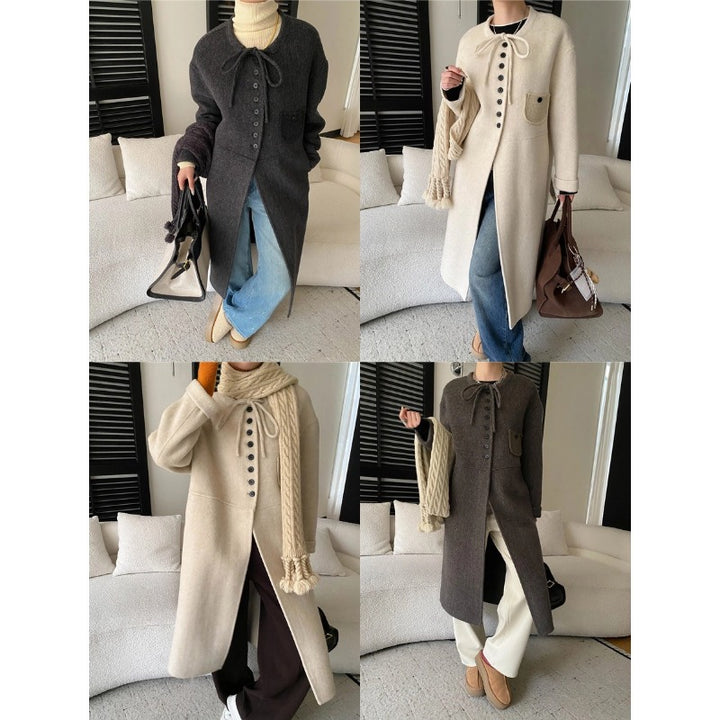 Damen lange Wolljacke mit Knopf- und Kordelzugdetails Drune