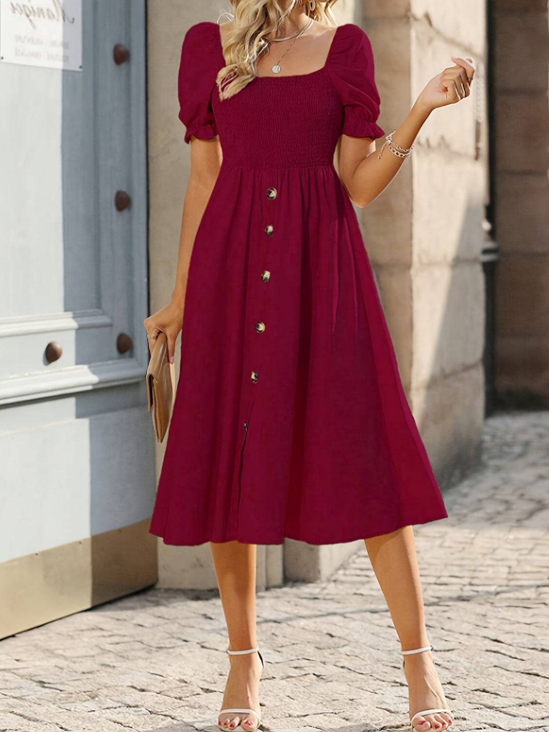 Damen Midi-Kleid mit Puffärmeln und Knopfleiste Drune