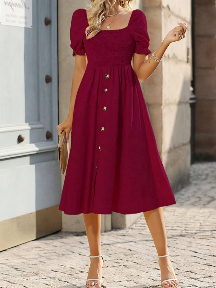 Damen Midi-Kleid mit Puffärmeln und Knopfleiste Drune