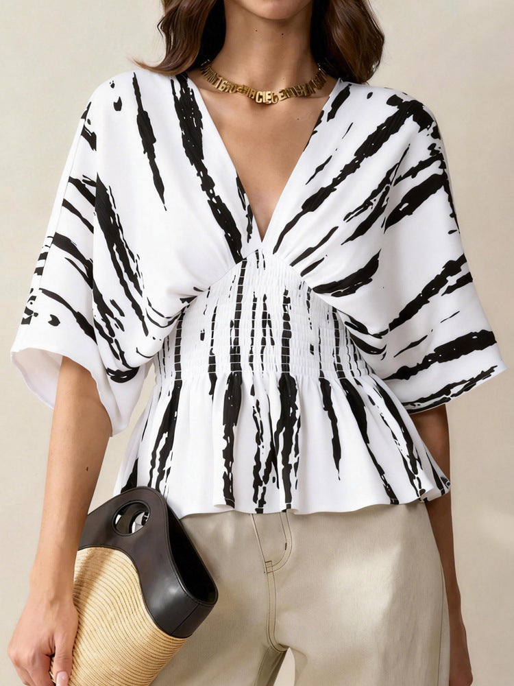 Damen V-Ausschnitt Bluse mit weitem Schnitt und Raffung Drune