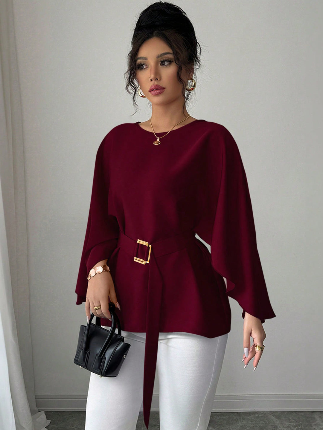 Damen Elegante Chiffon-Tunika mit Cape-Ärmeln und Taillengürtel Drune