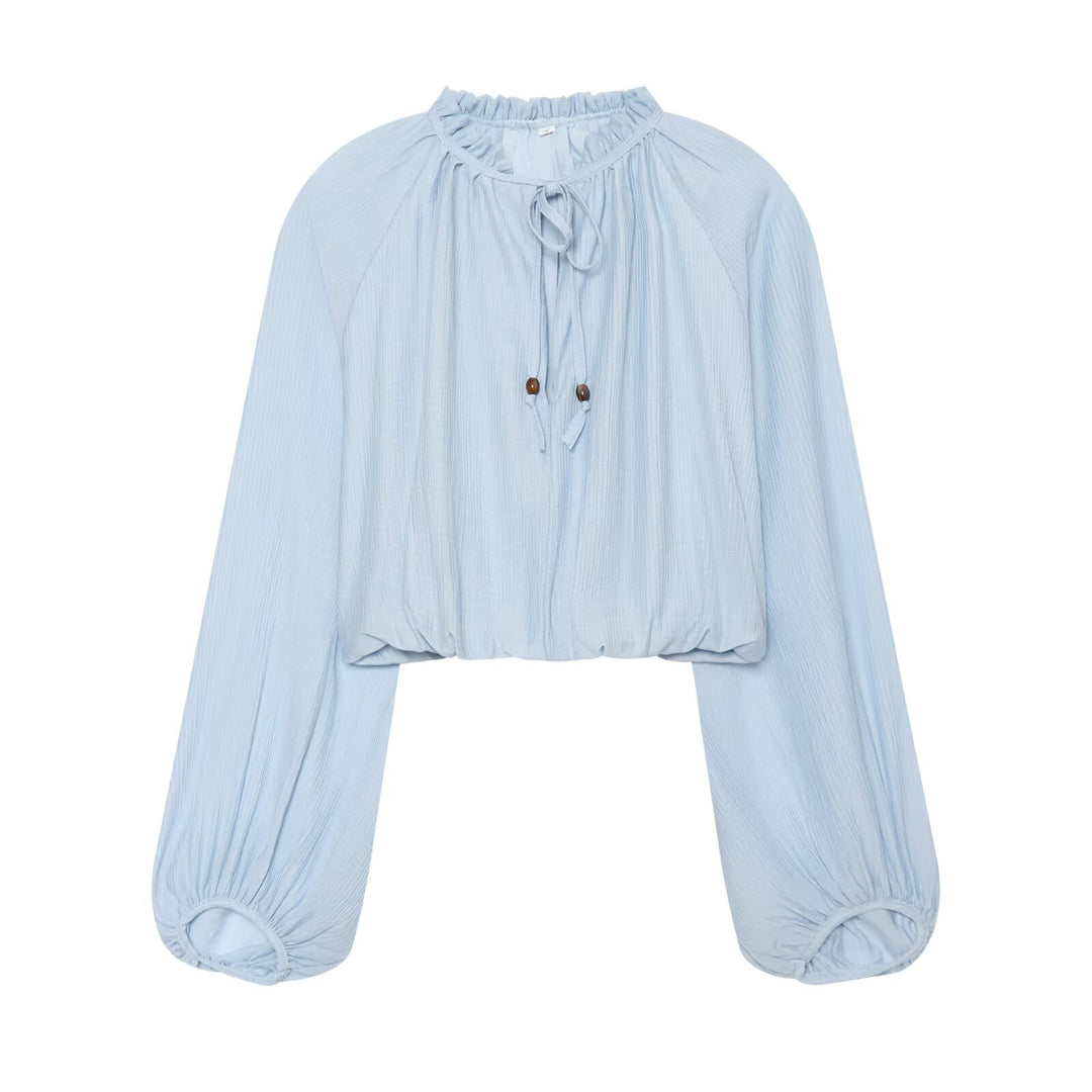 Damen Leichtes plissiertes Crop-Top mit Rüschenkragen und Kordelzug Drune