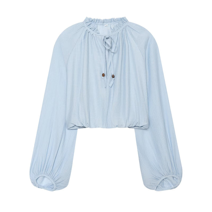 Damen Leichtes plissiertes Crop-Top mit Rüschenkragen und Kordelzug Drune