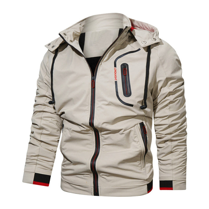 Herren leichte Kapuzen-Übergangsjacke mit wasserabweisender Oberfläche, verdeckten Reißverschlüssen und raffinierten Raffärmeln Drune