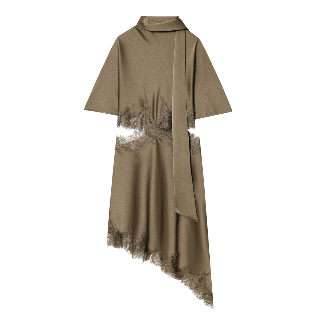 Damen nan asymmetrisches Cape-Midikleid mit Stehkragen, Schal und zarter Spitzensaum Drune