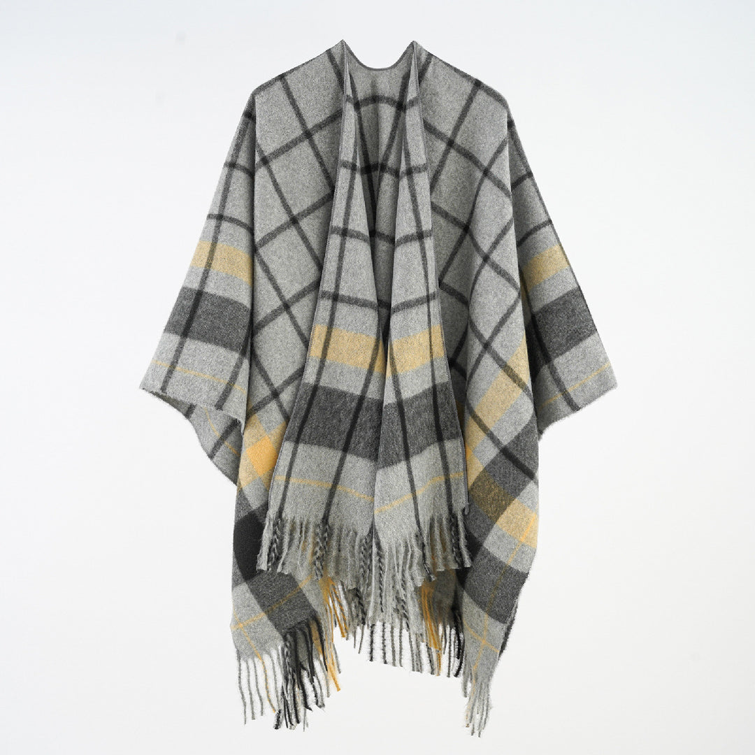 Damen Weicher Wollmix-Überwurfponcho im tartan-inspirierten Karo mit Fransen Drune