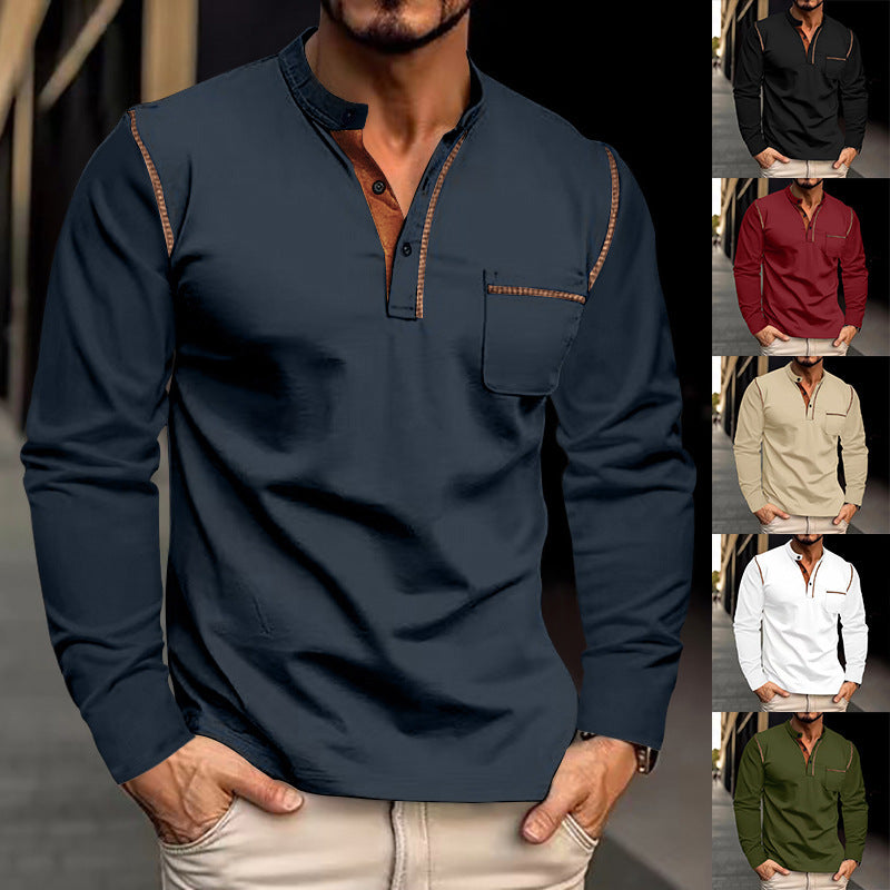Herren Langarm-Henleyshirt mit Stehkragen und Brusttasche Drune