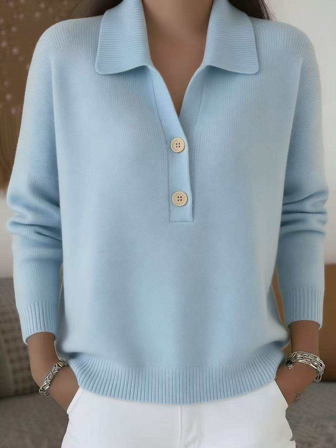 Damen lässiger Feinstrickpullover mit Polokragen und Zwei-Knopf-Leiste Drune
