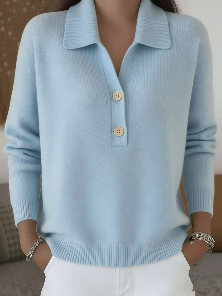 Damen lässiger Feinstrickpullover mit Polokragen und Zwei-Knopf-Leiste Drune