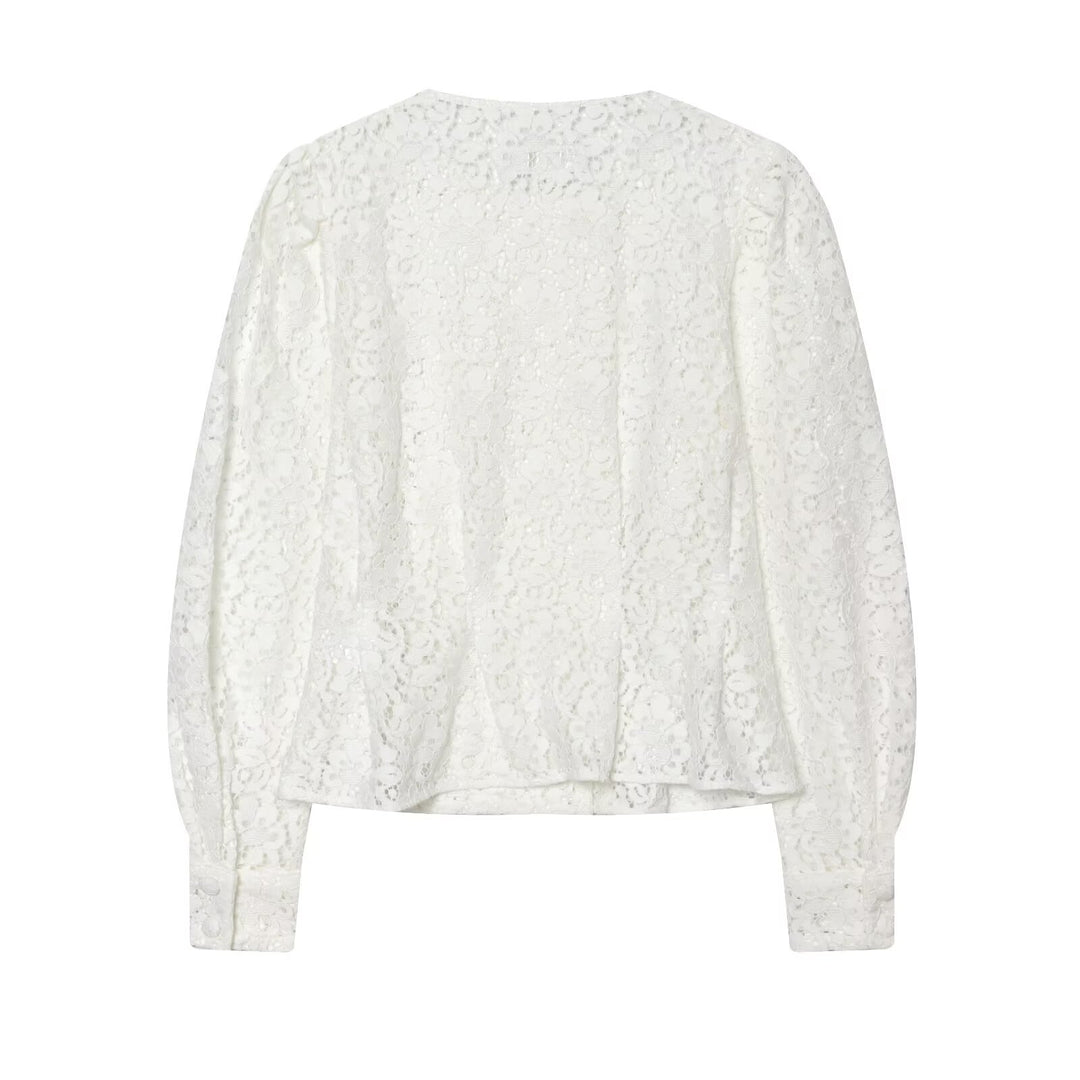 Damen Spitzenjacke mit zarter Blumen-Spitze, dekorativer Knopfleiste und ballonärmeln Drune