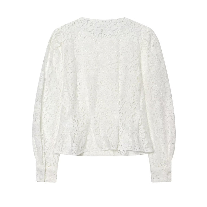 Damen Spitzenjacke mit zarter Blumen-Spitze, dekorativer Knopfleiste und ballonärmeln Drune
