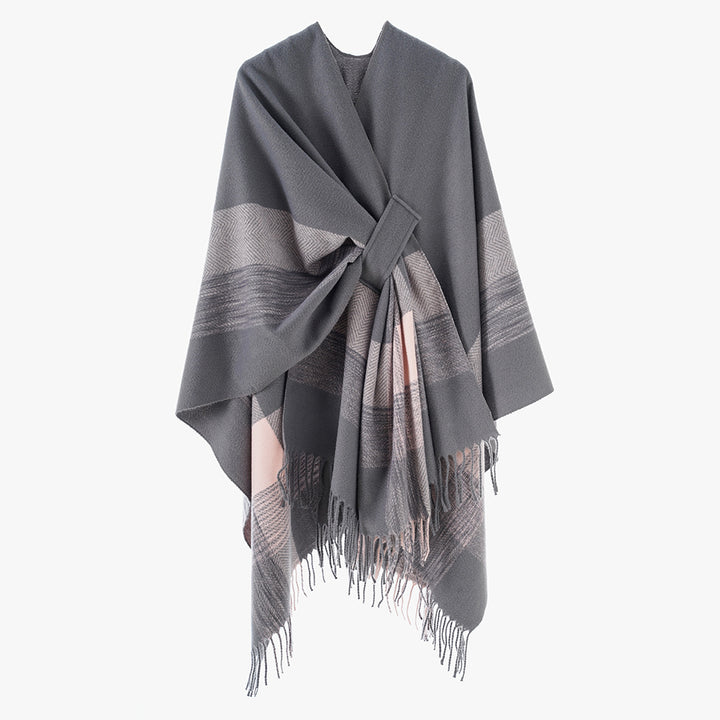 Damen Cape‑Poncho aus Wollmix mit Schlitzgürtel, geometrischem Jacquard und Fransensaum Drune