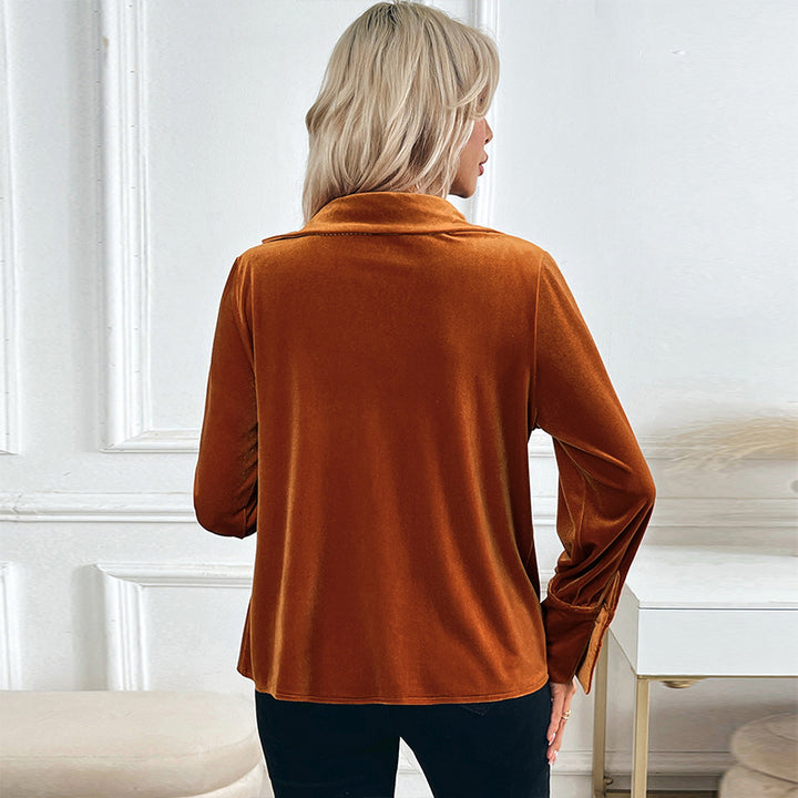 Damen elegante Samtbluse mit offenem Kragen und langen Ärmeln Drune