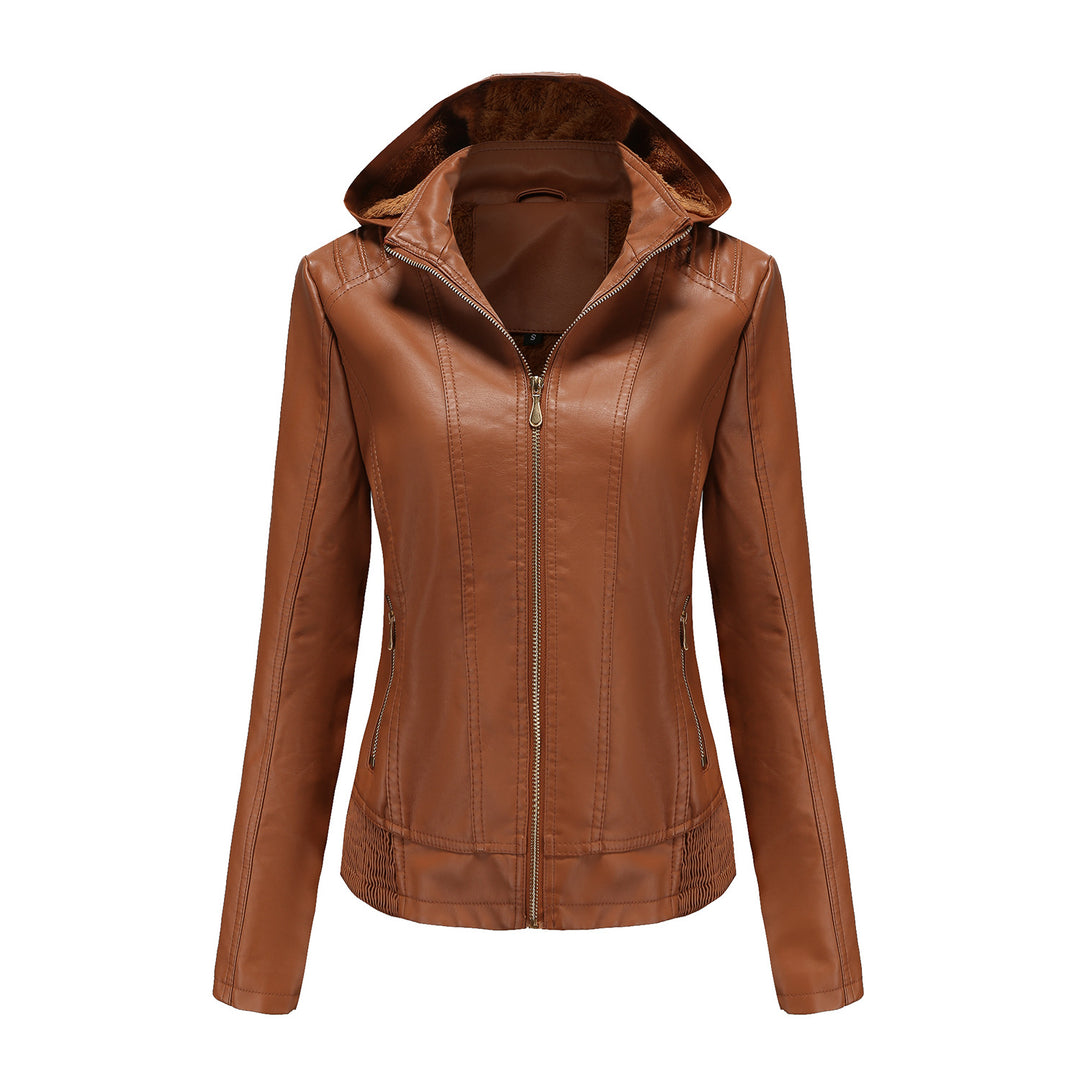 Damen nan taillierte Kunstlederjacke mit Kapuze, wattiertem Innenfutter und verdeckten Reißverschlusstaschen Drune