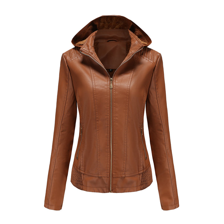 Damen nan taillierte Kunstlederjacke mit Kapuze, wattiertem Innenfutter und verdeckten Reißverschlusstaschen Drune