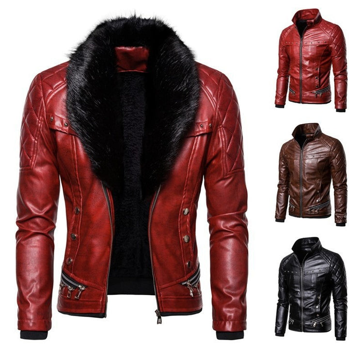 Herren stylische Kunstlederjacke mit Plüschkragen Drune