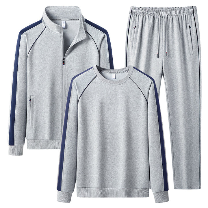 Herren Dreiteiliges Freizeit-Trainingsanzug-Set aus weichem French-Terry mit Reißverschlussjacke, Rundhals-Sweatshirt & Kordel-Jogginghose Drune