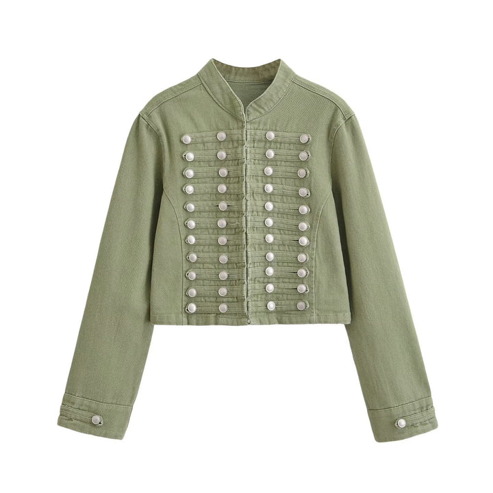 Damen Jeansjacke im Military-Stil mit Stehkragen und dekorativen Zierknopfleisten Drune