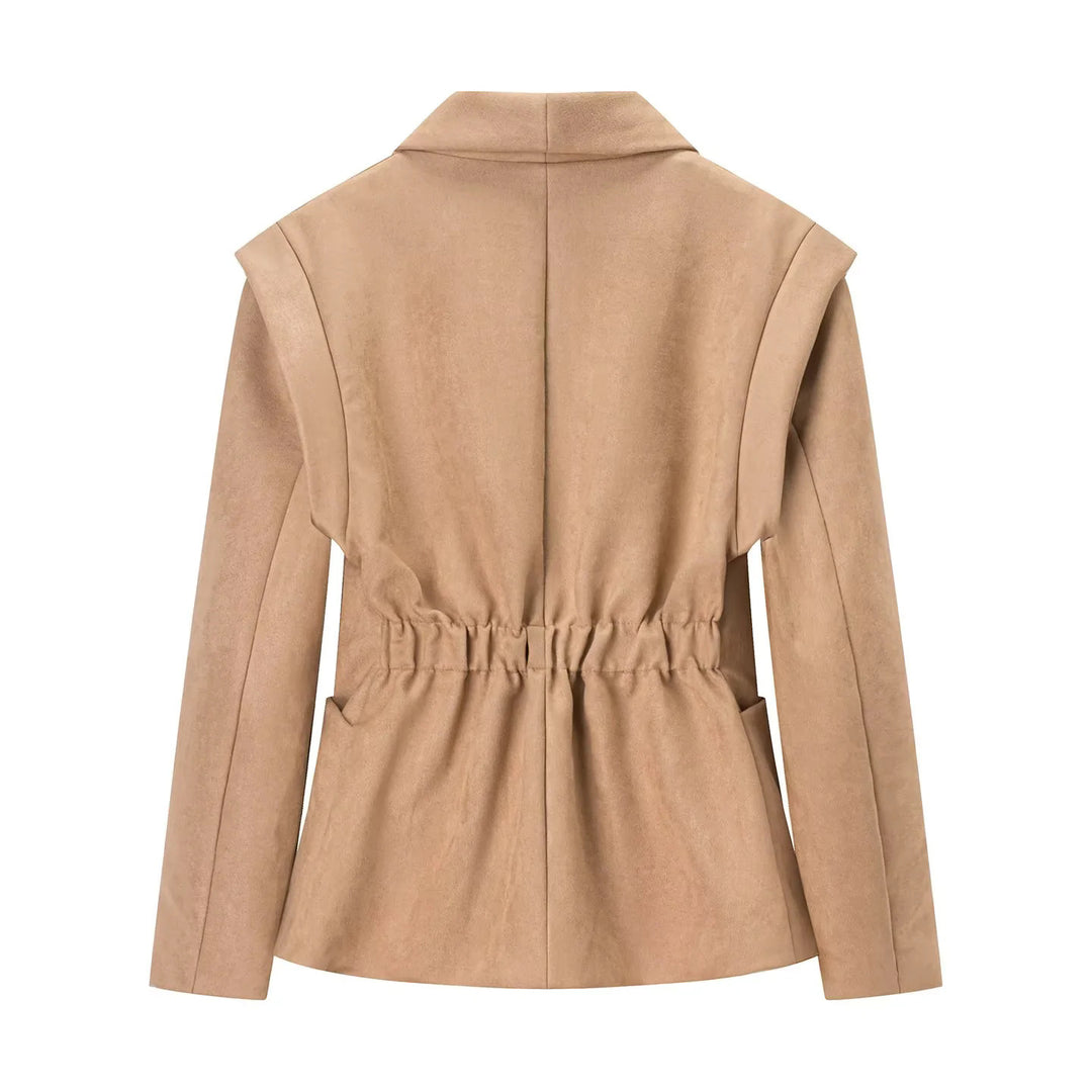 Damen nan eleganter Velours‑Optik Blazer mit tiefem Schalkragen Ein‑Knopf‑Verschluss und großen aufgesetzten Taschen Drune
