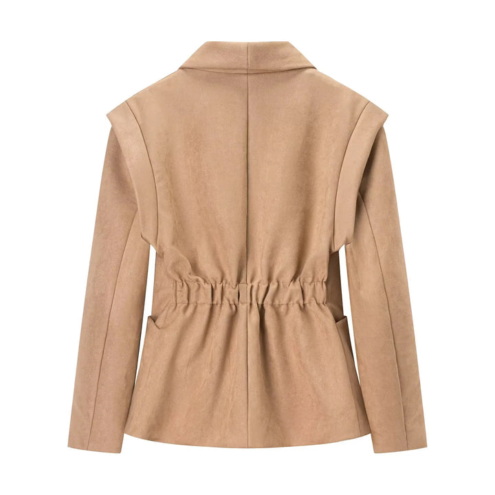 Damen nan eleganter Velours‑Optik Blazer mit tiefem Schalkragen Ein‑Knopf‑Verschluss und großen aufgesetzten Taschen Drune