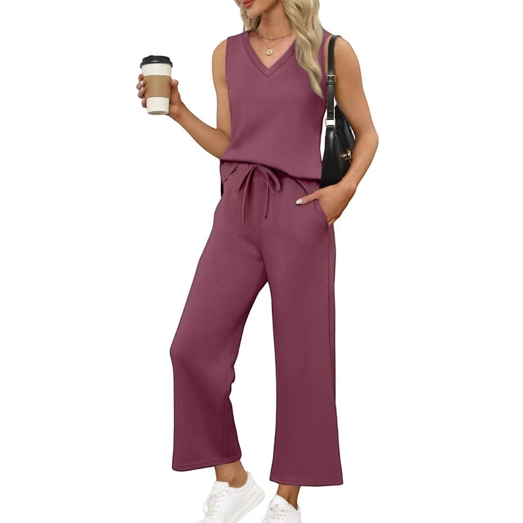 Damen Lässiges Zweiteiliges Lounge-Set mit Ärmellosem V-Neck-Top und Weiten Kordelbund-Hosen Drune