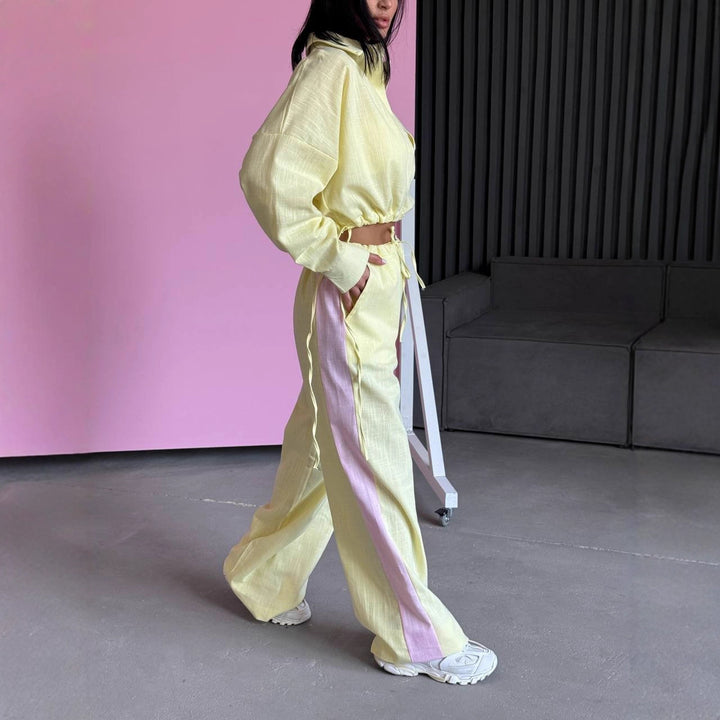 Damen kurzes Hemd mit Kordelzug und weite hochgeschnittene Leinenhose Set Drune