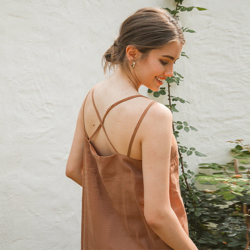 Damen elegantes Leinenkleid mit verstellbaren Spaghetti-Trägern und fließendem Schnitt Drune