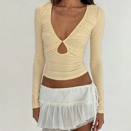 Damen nan tailliertes Langarmshirt mit tiefem V-Ausschnitt, Raffung und Schlüssel‑Cutout Drune