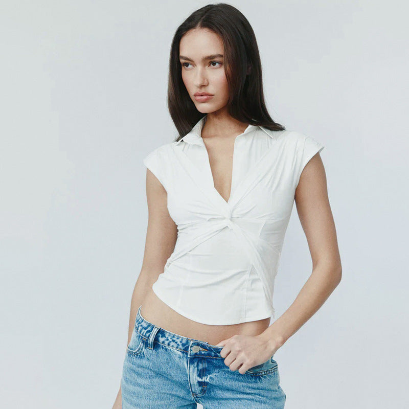 Damen elegante Kurzarmbluse mit knotenförmigem Design Drune