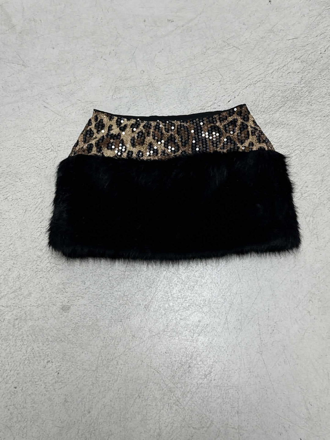 Damen glitzerndes Leopardenmuster Oberteil mit Kunstfellbesatz Drune