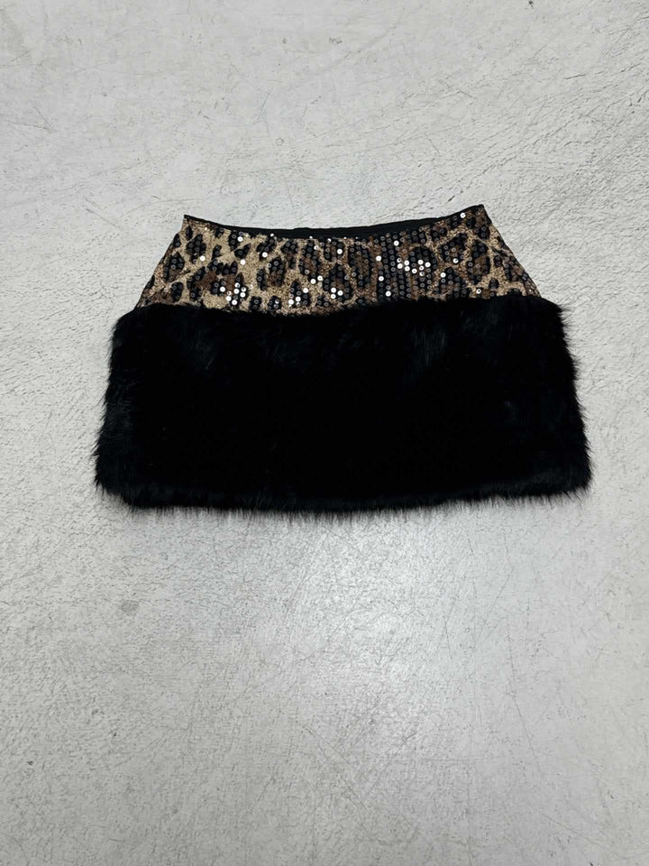 Damen glitzerndes Leopardenmuster Oberteil mit Kunstfellbesatz Drune
