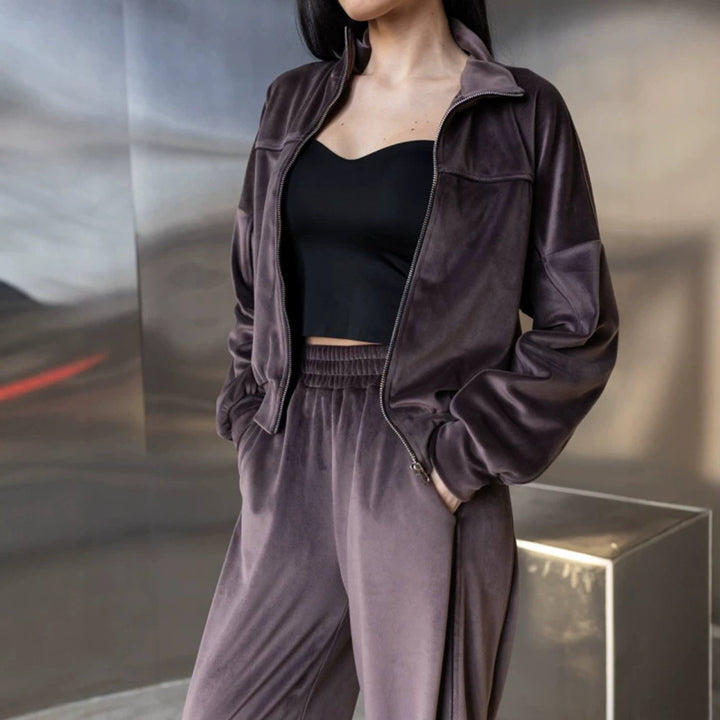 Damen ausgestelltes Velours-Jogginganzug-Set mit kurzer Reißverschlussjacke und hochtaillierter Kordelhose Drune