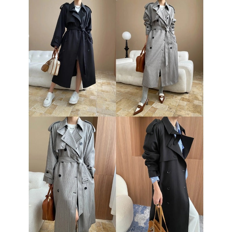 Damen eleganter Trenchcoat mit modernen Streifendetails und Gürtel Drune