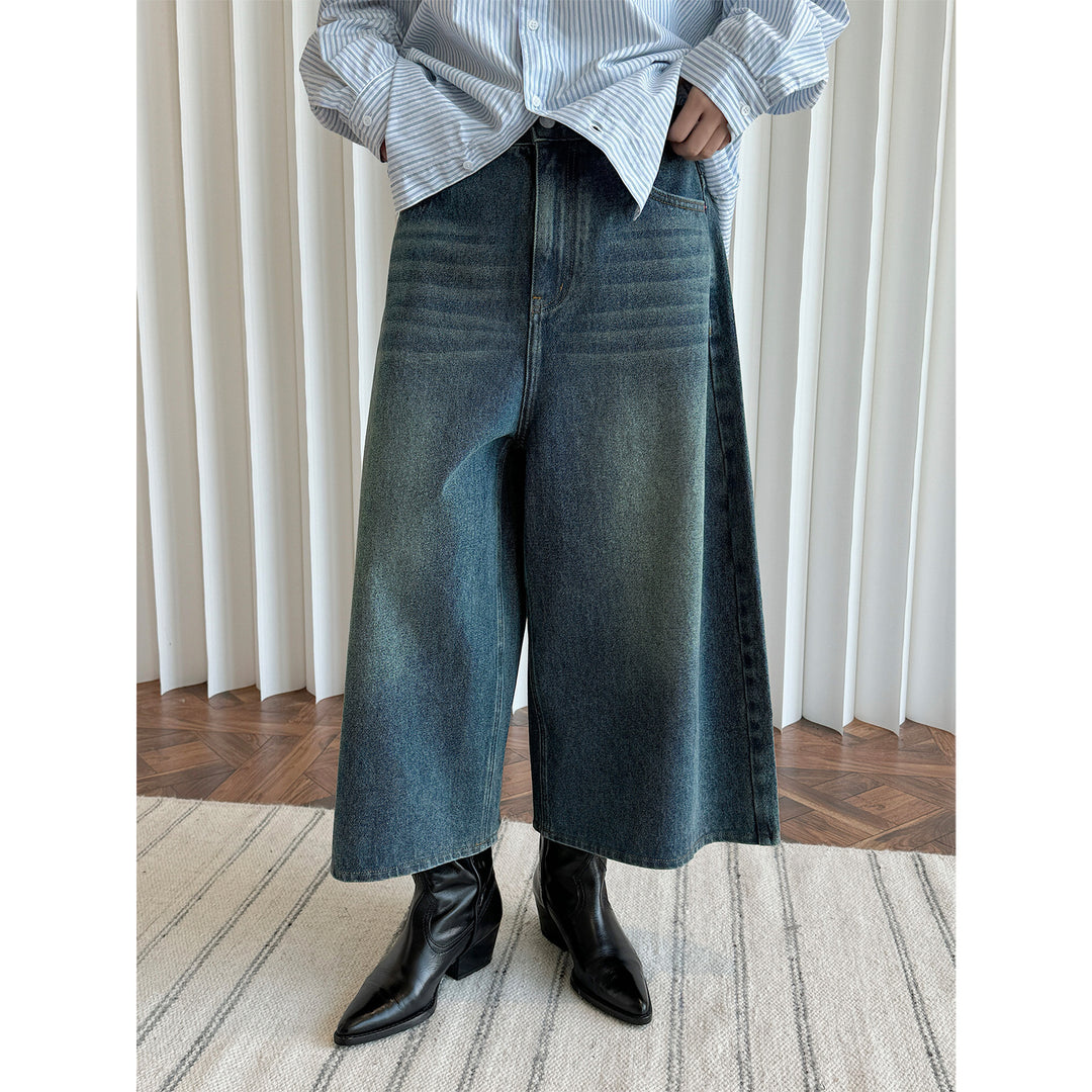 Damen Weite High‑Waist Denim‑Culotte im Cropped Baggy‑Stil Drune