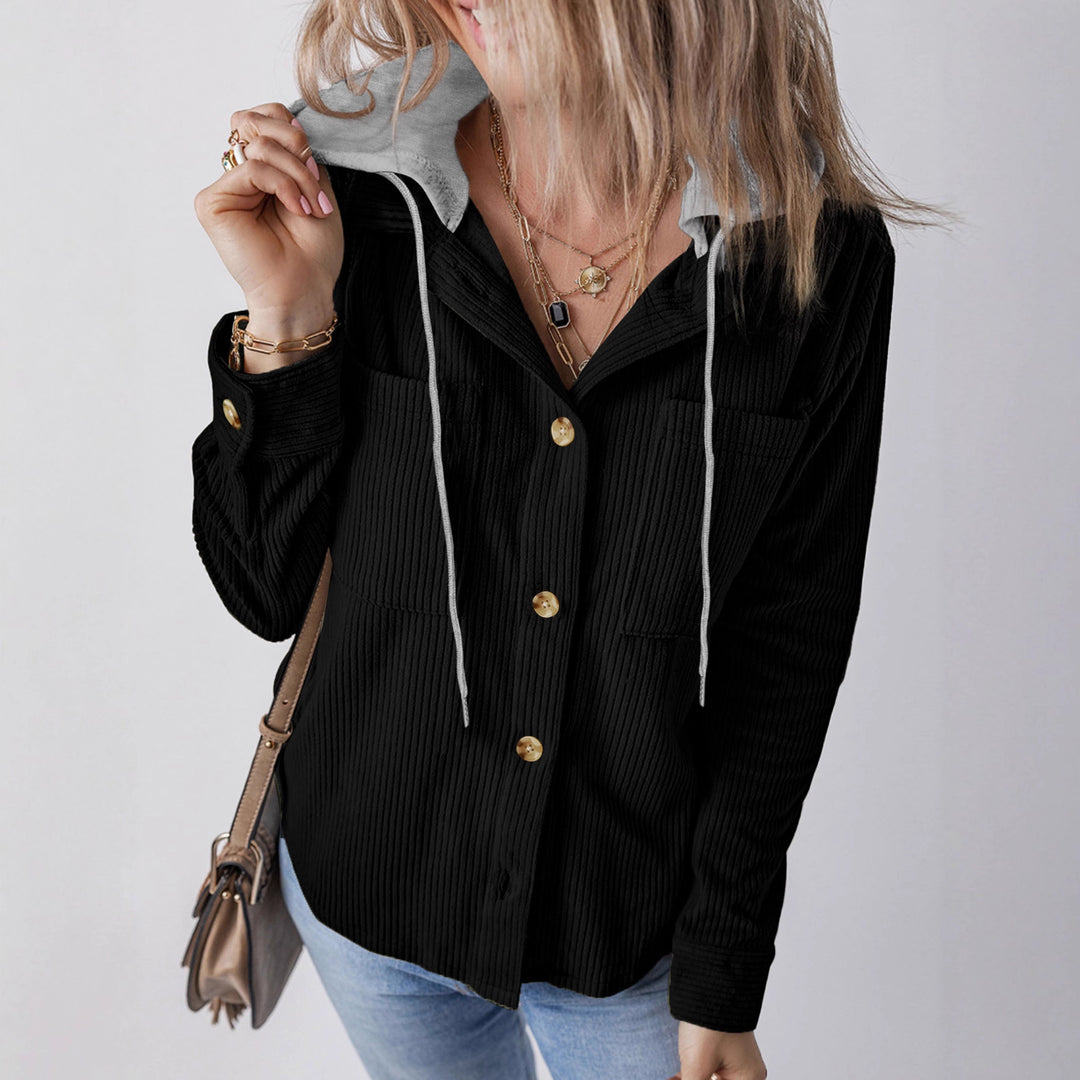 Damen Gerippte Hemdjacke mit Kapuze, Knopfleiste und aufgesetzten Taschen Drune