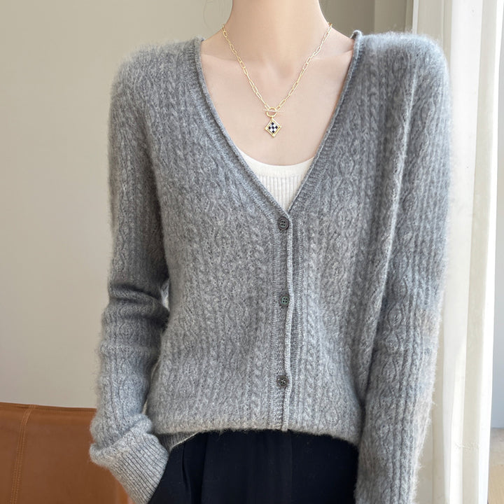 Damen Kurzer Zopfmuster-Cardigan im Mohair-Look mit V‑Ausschnitt und gerippten Bündchen Drune