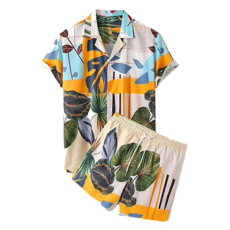 Herren Freizeit Hemd und Shorts Set mit farbenfrohem Pflanzenmuster Drune